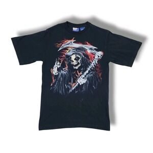 Vintage Greensource‎ Grim Reaper Skull Black T-Shirt Crewneck Size Small